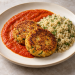 Chickpea Panisse-Style Cakes, Pepper Coulis and Dill Couscous - Fresh Start 30: A Journey To Better Health Chickpea Cakes, Pepper Coulis and Dill Couscous